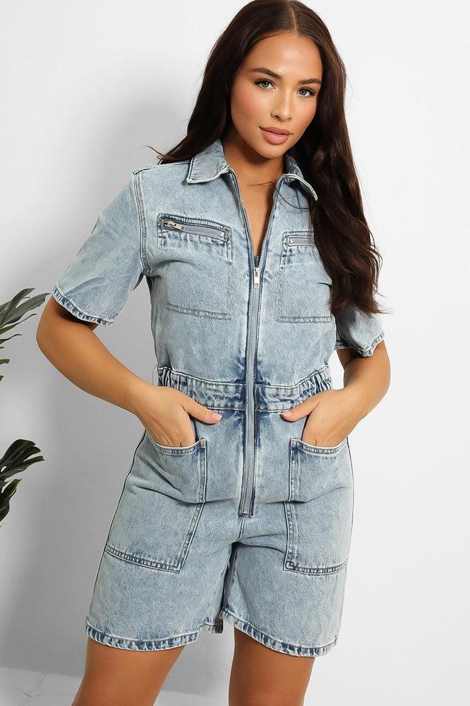 Bleached Denim Zipped Front Playsuit-SinglePrice