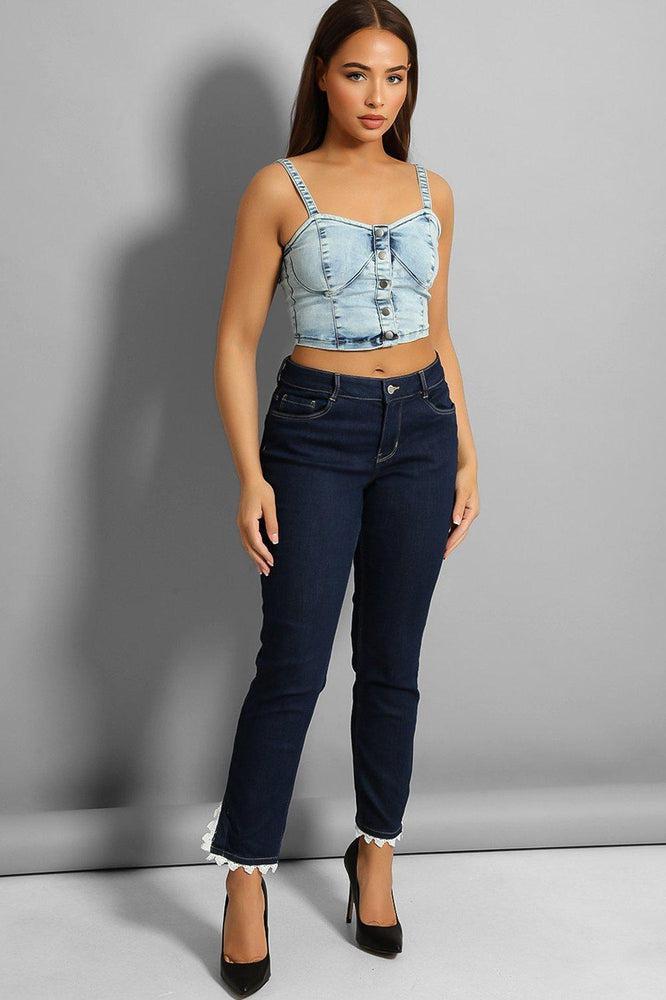 Navy Mid-Rise Crochet Lace Hem Jeans-SinglePrice