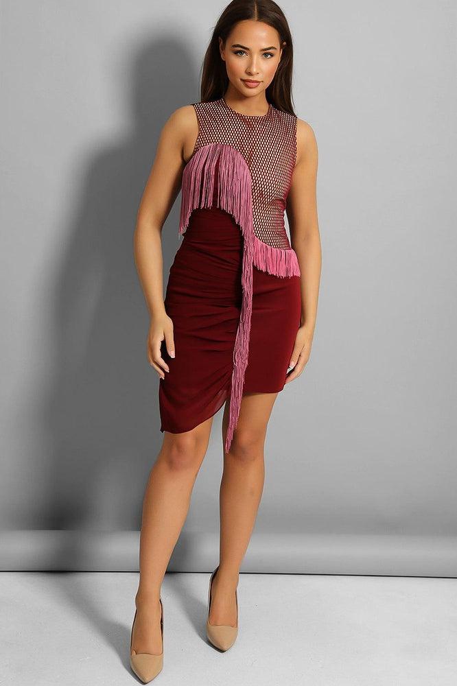 Wine Fringed Detail Structured Mini Dress-SinglePrice