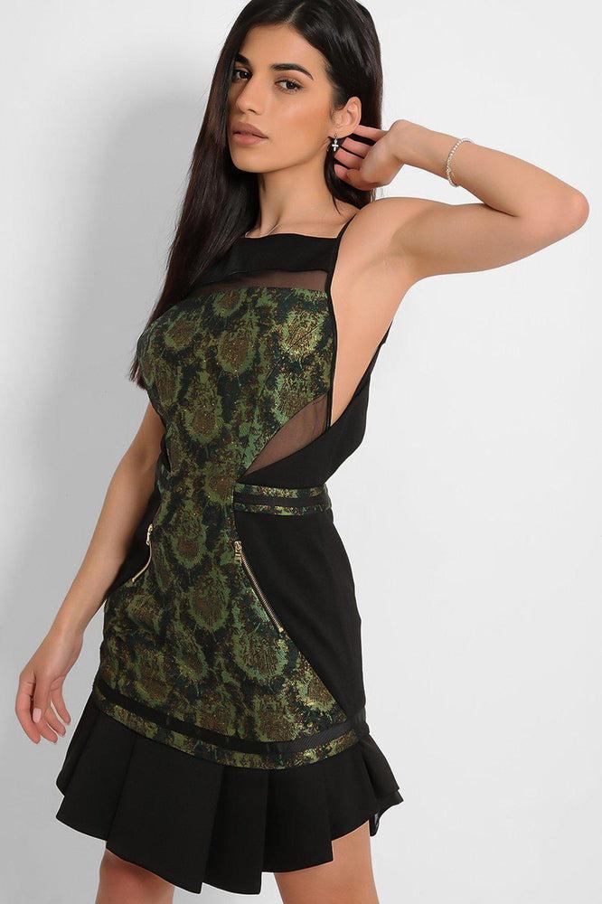 Green Lurex Jacquard Black Square Neck Structured Dress-SinglePrice