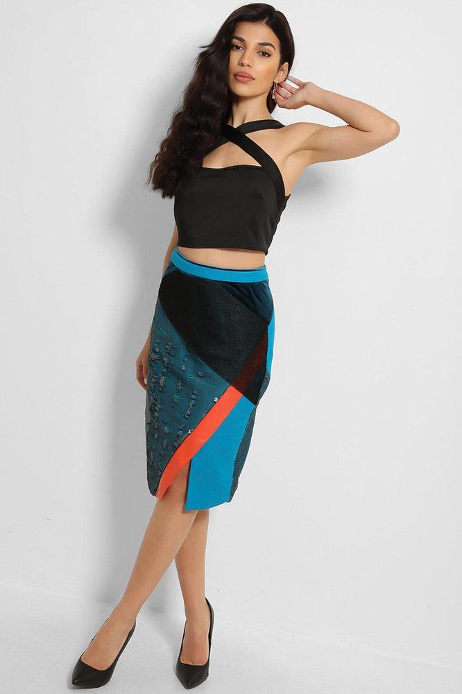 Blue Sequins Coral Stripe Structured Midi Skirt-SinglePrice