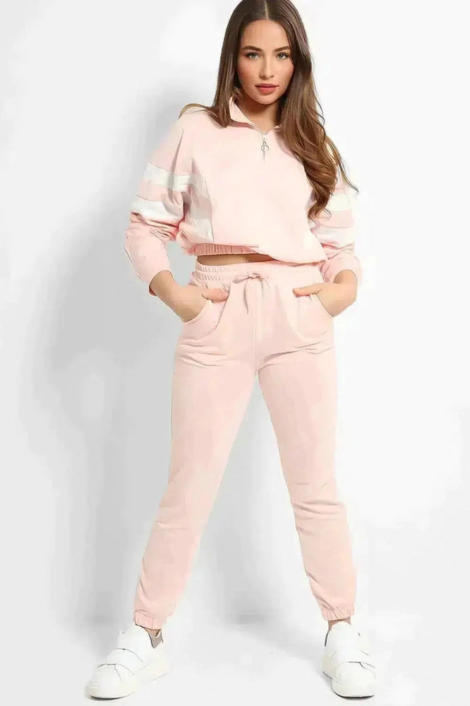 Light Pink White Stripe Details Racer Two Piece Tracksuit-SinglePrice