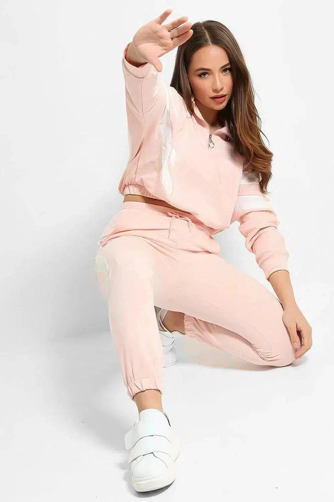 Light Pink White Stripe Details Racer Two Piece Tracksuit-SinglePrice