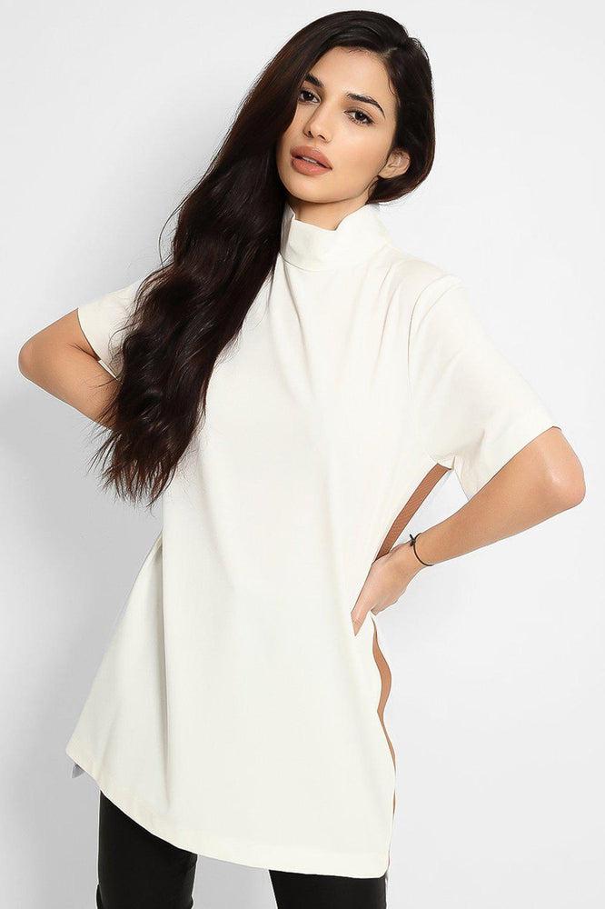 Ivory Beige Side Stripe High Neck Tunic-SinglePrice