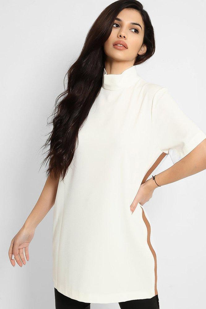 Ivory Beige Side Stripe High Neck Tunic-SinglePrice