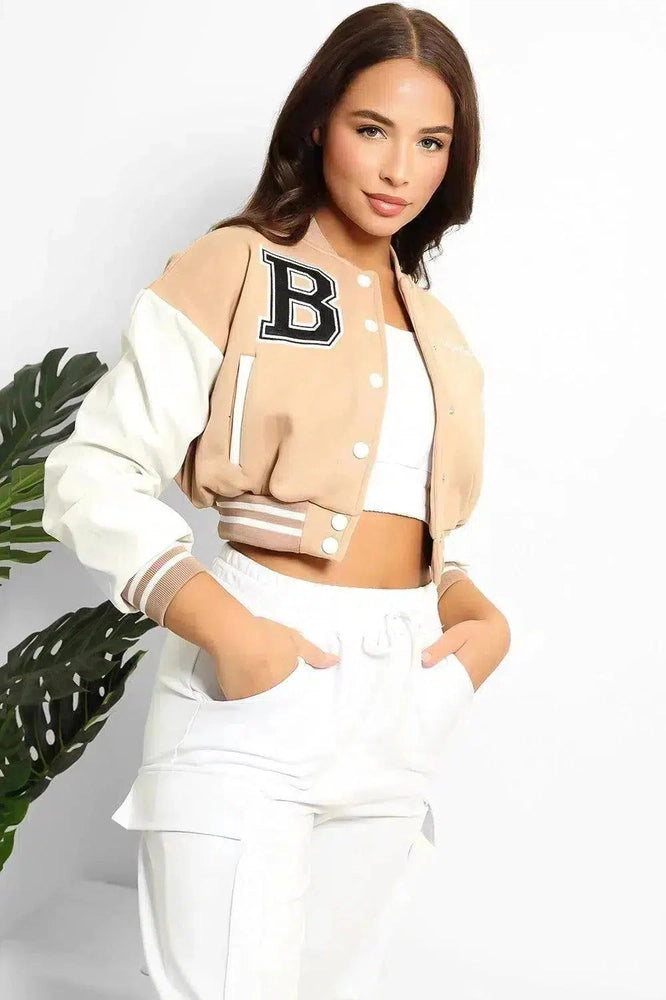 Vegan Leather Sleeves Cropped Varsity Jacket-SinglePrice