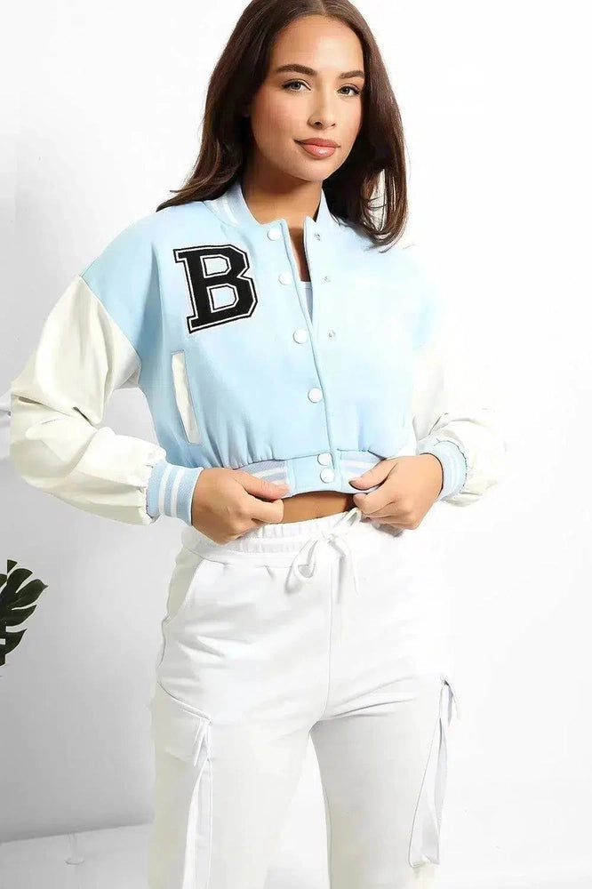 Vegan Leather Sleeves Cropped Varsity Jacket-SinglePrice