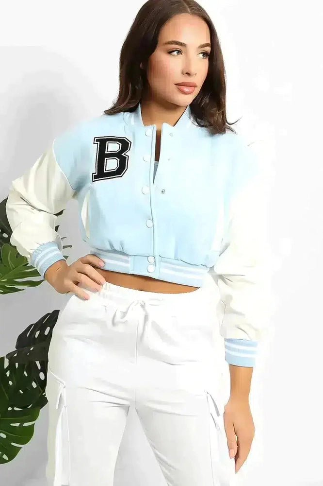 Vegan Leather Sleeves Cropped Varsity Jacket-SinglePrice