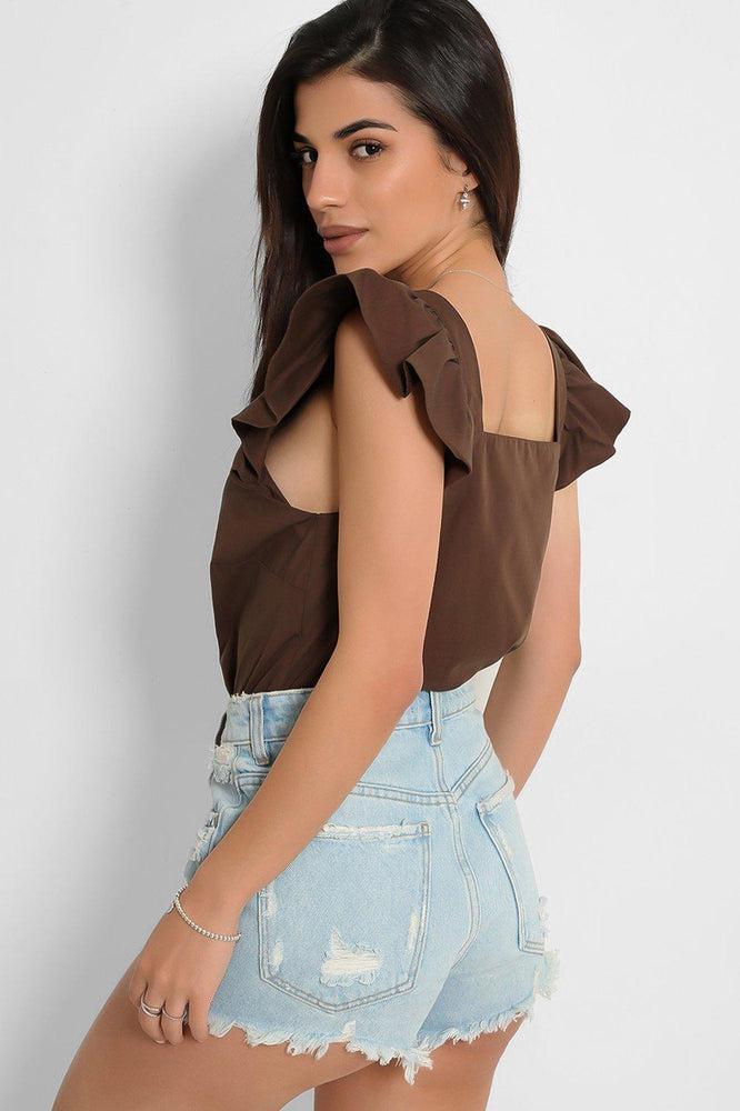 Brown Frill Sleeves Crop Top-SinglePrice