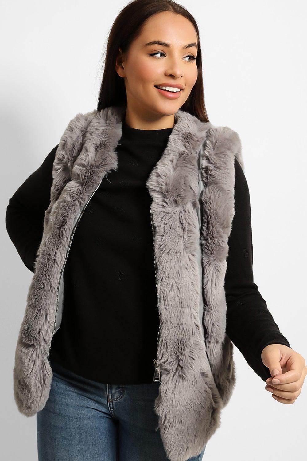 Faux Fur Stripes ZIpped Front Gilet-SinglePrice