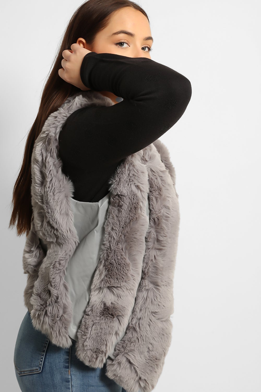 Faux Fur Stripes ZIpped Front Gilet-SinglePrice
