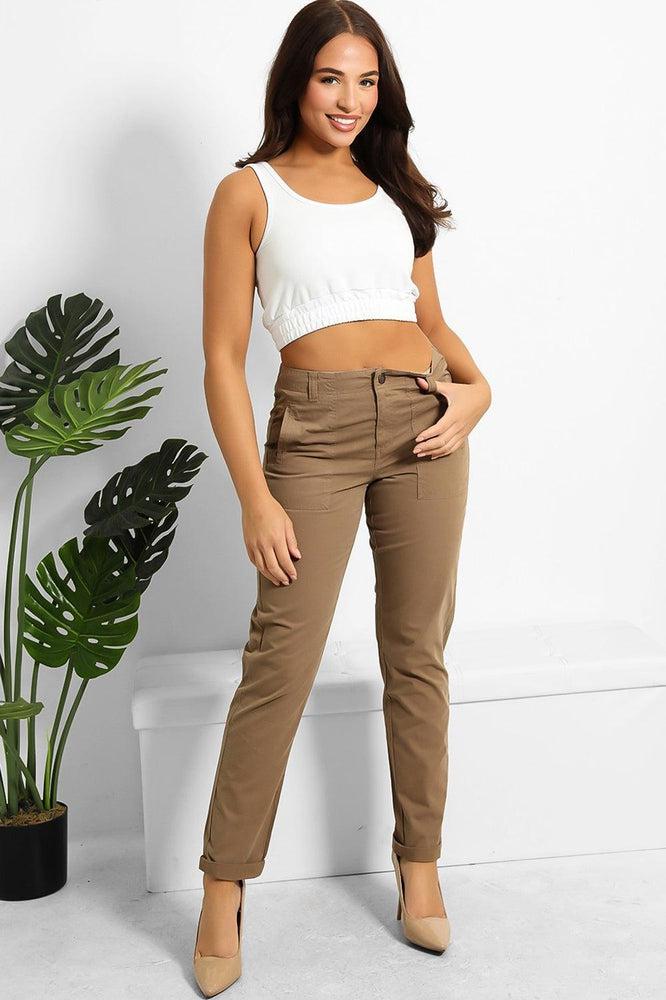 Brown Side Pockets Skinny Cargo Trousers-SinglePrice
