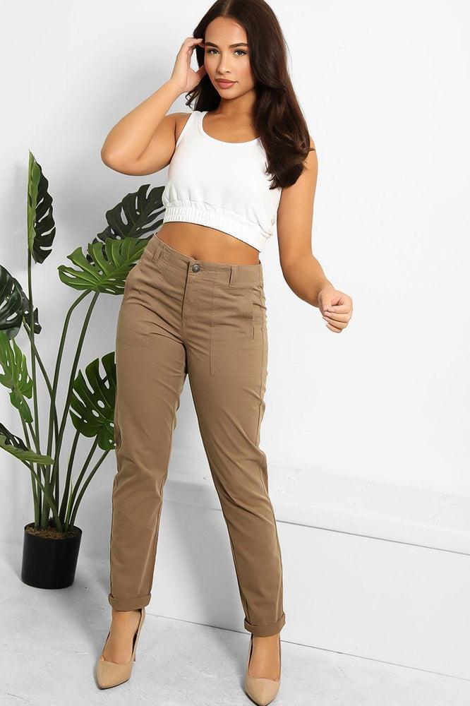 Brown Side Pockets Skinny Cargo Trousers-SinglePrice