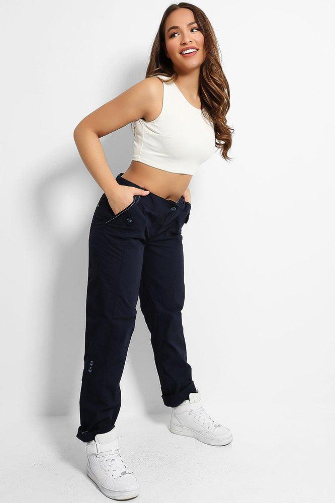 Navy Roll Up Pipping Details Trousers-SinglePrice