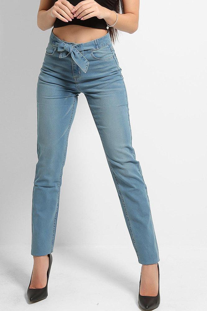 Blue Waist Tie Denim Jeans-SinglePrice