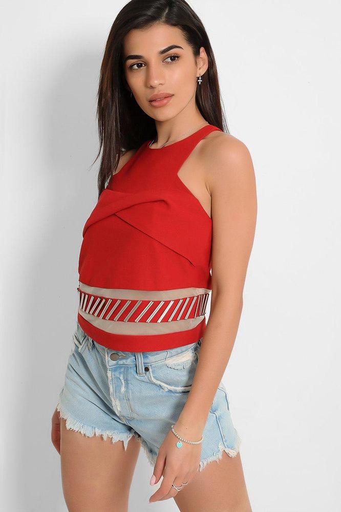 Red Metal Beads Halterneck Crop Top-SinglePrice