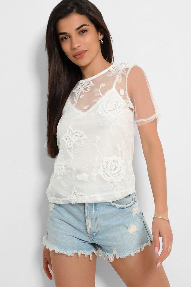 White Embroidered Mesh 2 in 1 Top-SinglePrice