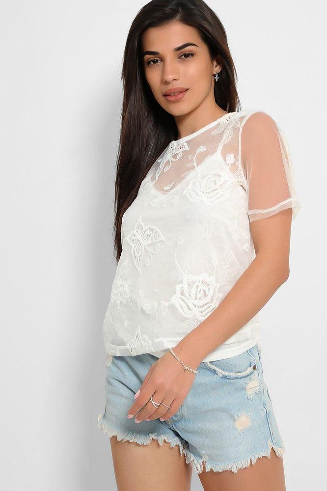 White Embroidered Mesh 2 in 1 Top-SinglePrice