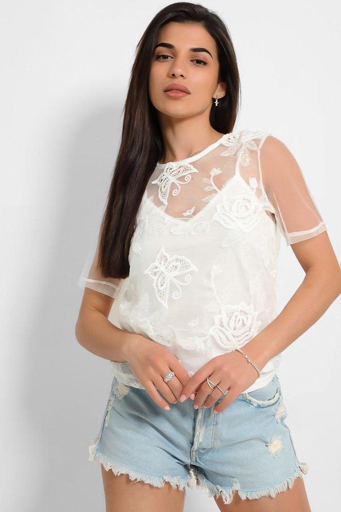 White Embroidered Mesh 2 in 1 Top-SinglePrice