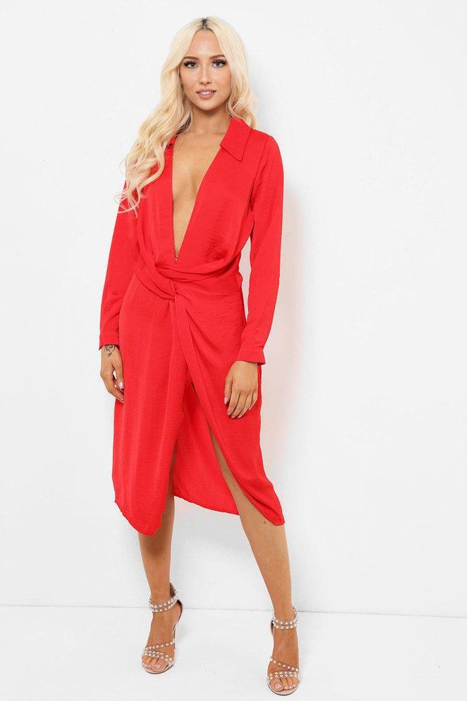Red Crushed Satin Deep Plunge And Split Dress-SinglePrice