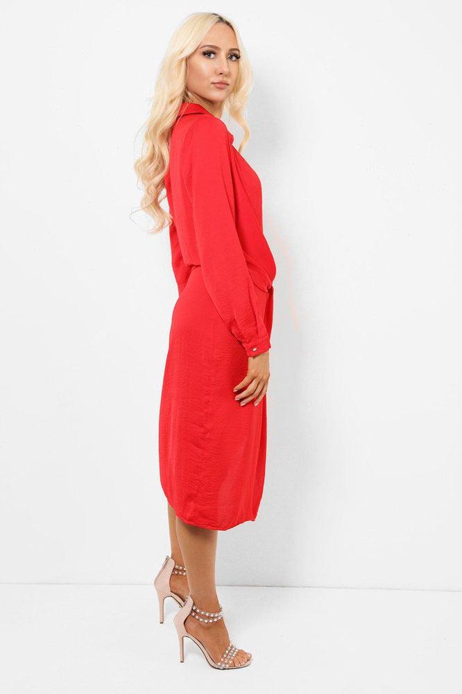 Red Crushed Satin Deep Plunge And Split Dress-SinglePrice