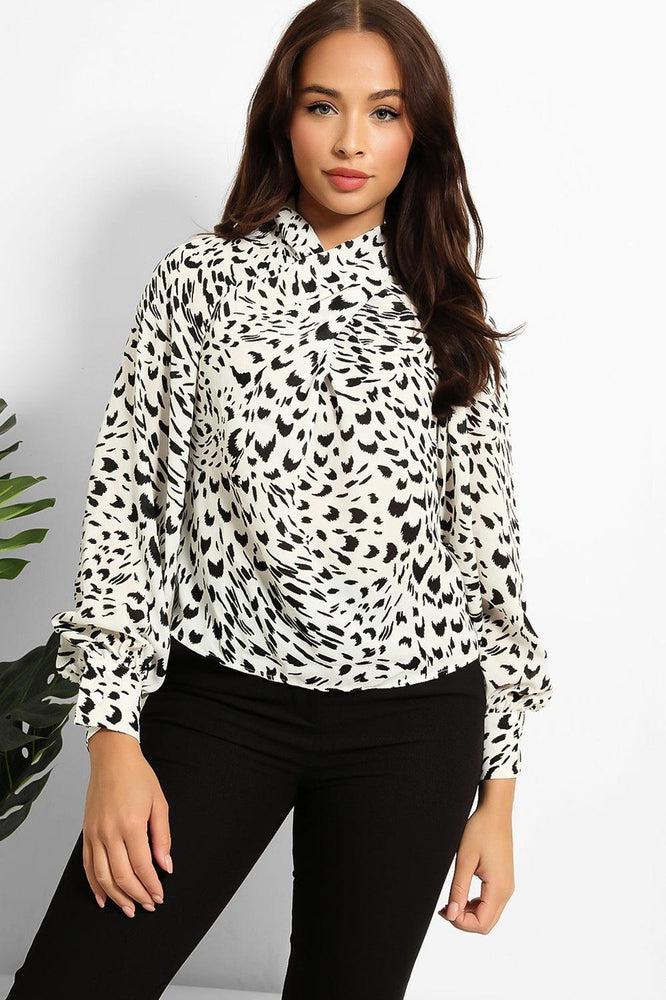 White Snow Leopard Print Twist Neck Blouse-SinglePrice