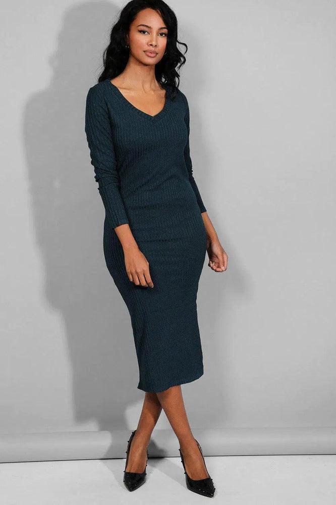 Dark Teal Maxi Ribbed Fine Knitted Dress-SinglePrice