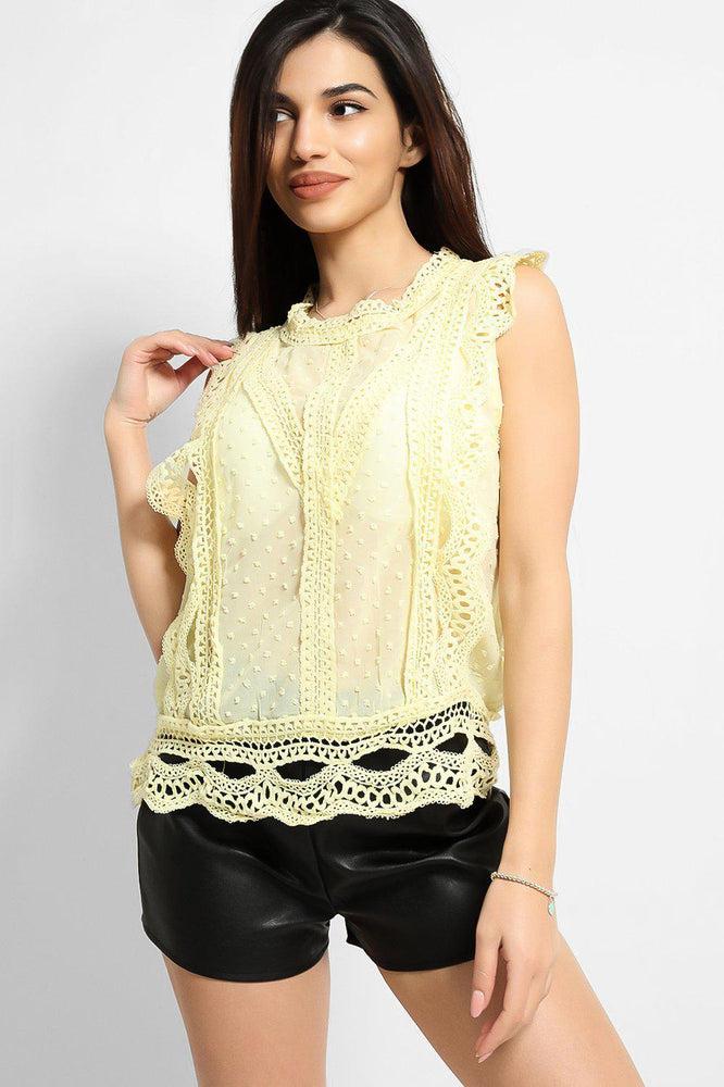 Yellow Dobby Mesh Crochet Lace Trims Blouse-SinglePrice