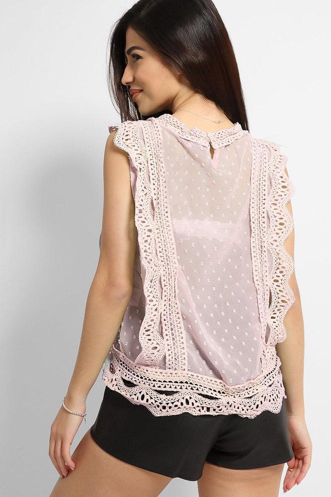 Pink Dobby Mesh Crochet Lace Trims Blouse-SinglePrice