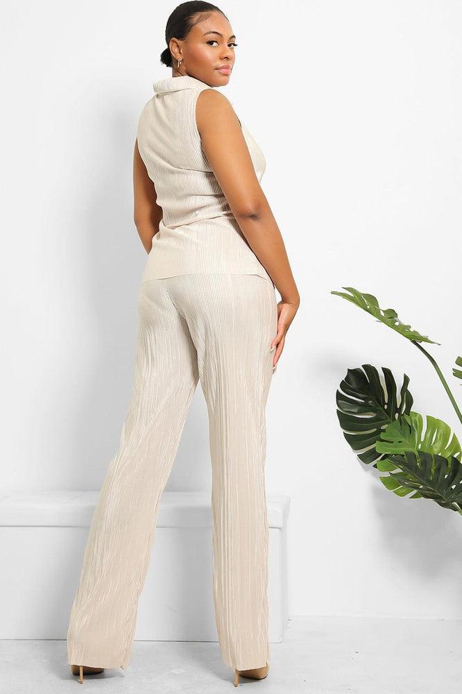 Pleated Slinky Sleeveless Top And Trousers Set-SinglePrice