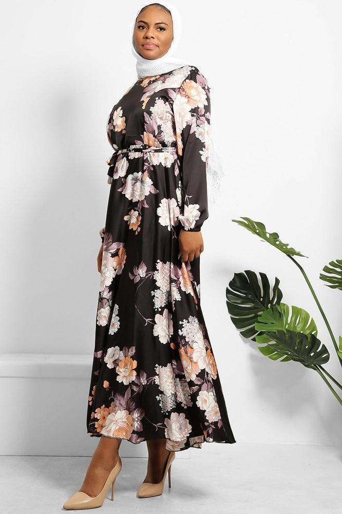 Multicolour Floral Print Silky Satin Modest Dress-SinglePrice