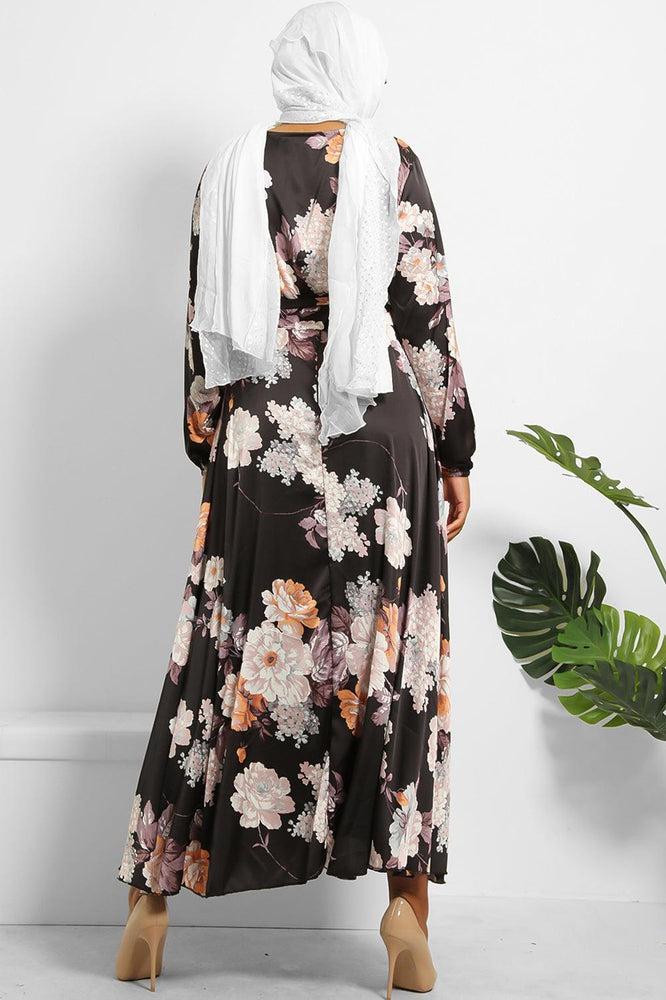 Multicolour Floral Print Silky Satin Modest Dress-SinglePrice