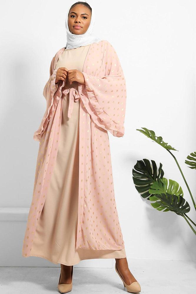 Gold Bokeh Print Chiffon Wide Sleeves Modest Kaftan-SinglePrice