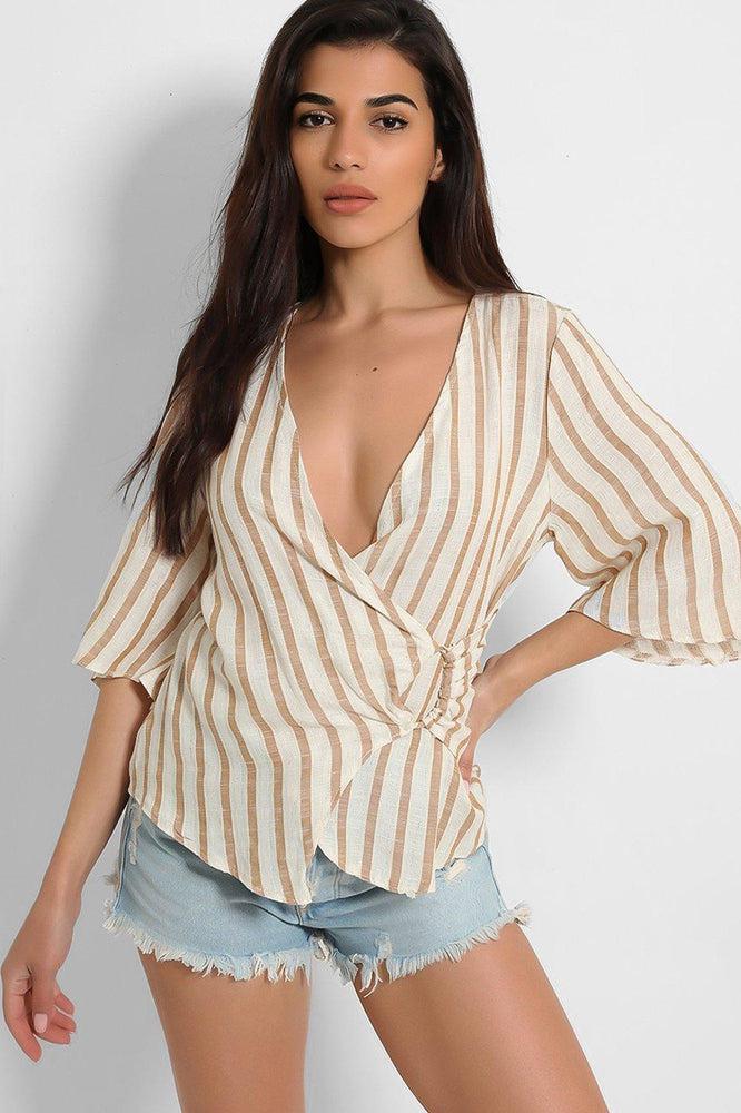 Cream Stripe Wrap Front Top-SinglePrice