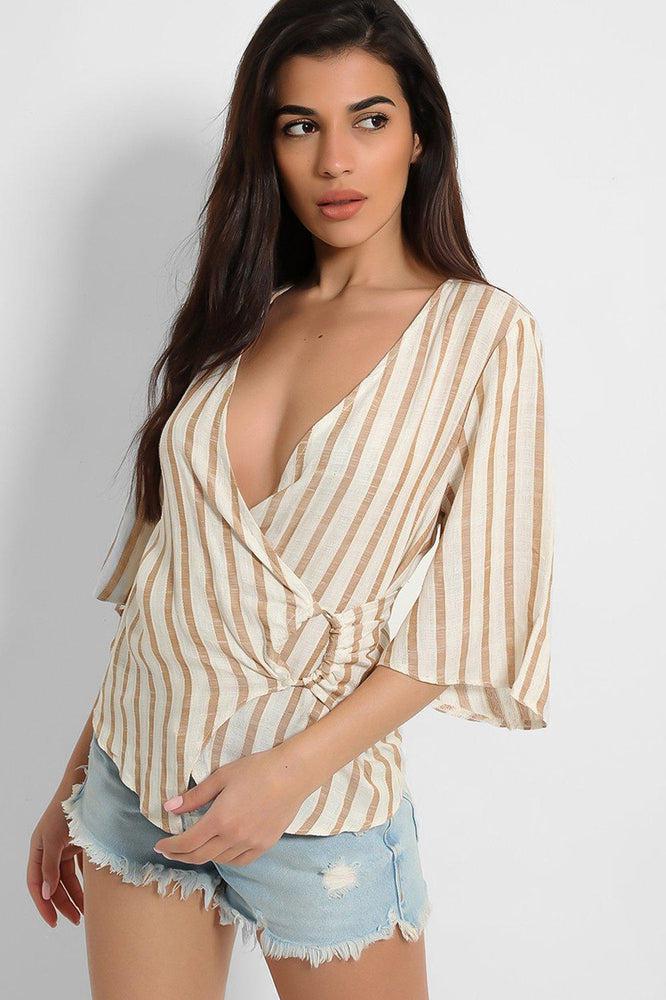 Cream Stripe Wrap Front Top-SinglePrice