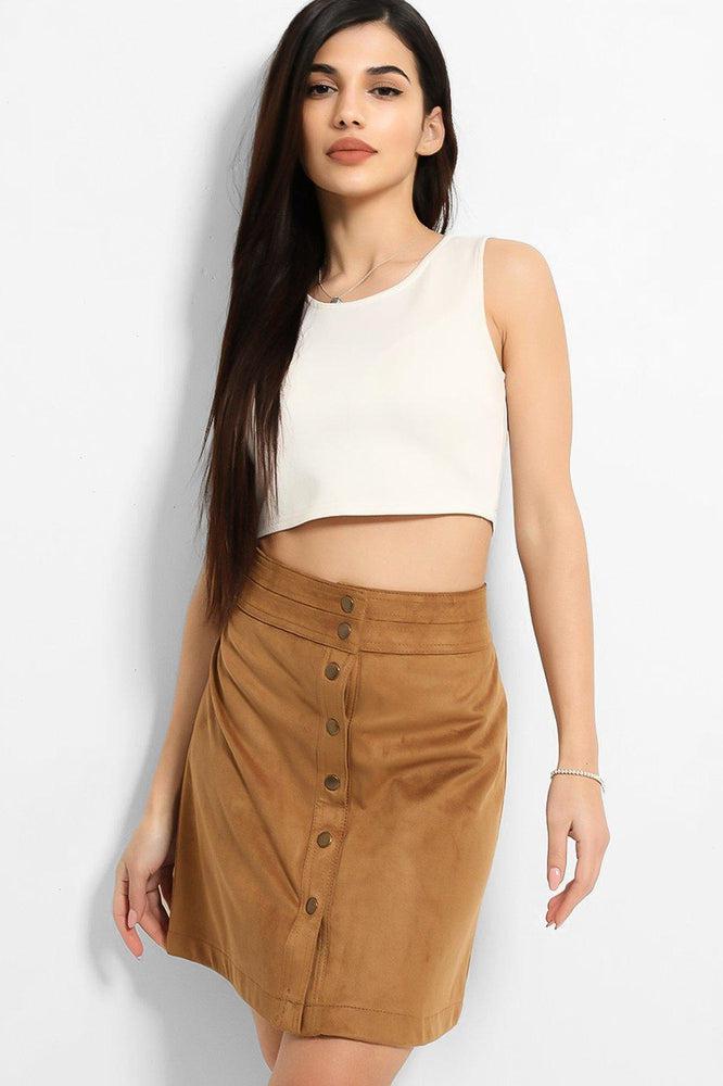 Tan Vegan Suede Popper Button Front Skirt-SinglePrice