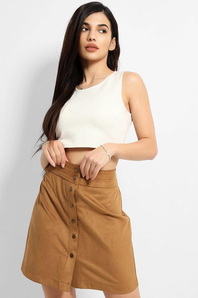 Tan Vegan Suede Popper Button Front Skirt-SinglePrice