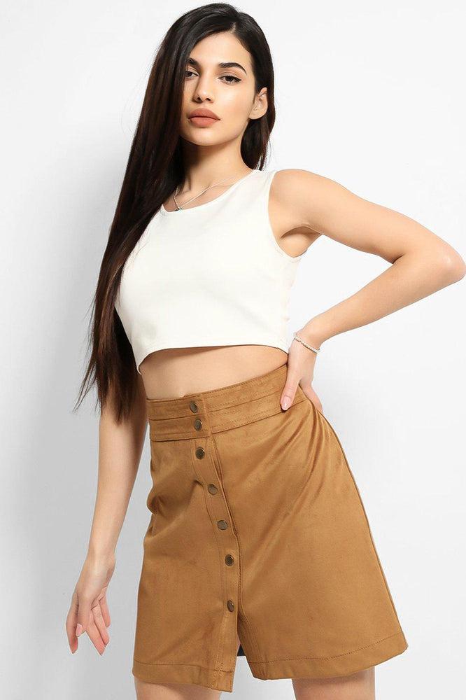 Tan Vegan Suede Popper Button Front Skirt-SinglePrice