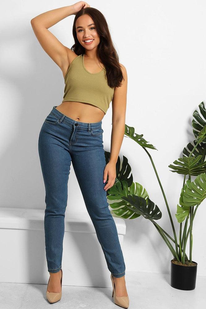 Cotton Blend Classic Mid Rise Straight Leg Jeans-SinglePrice