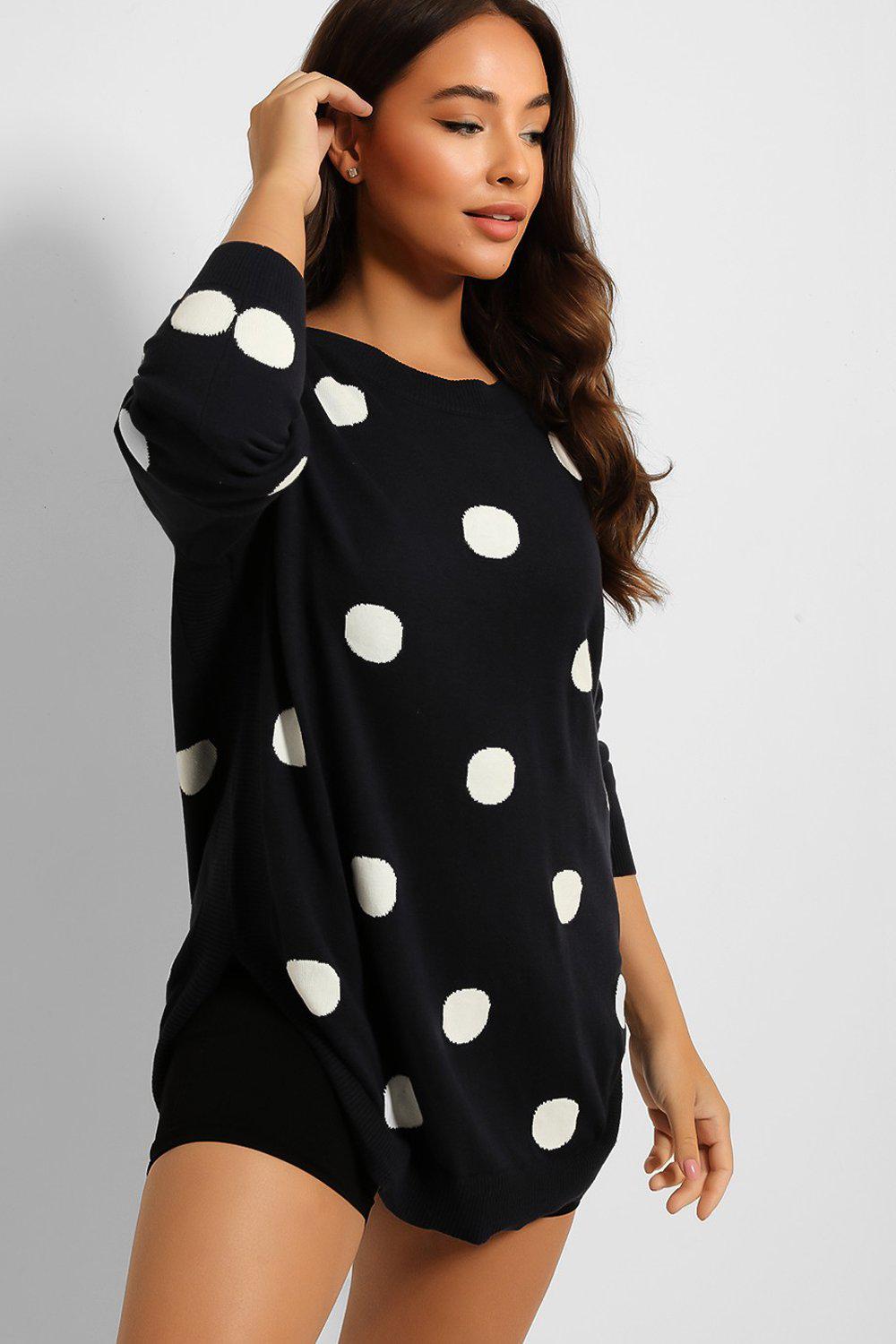 Navy WHite Polka Dot Curved Hem Pullover-SinglePrice
