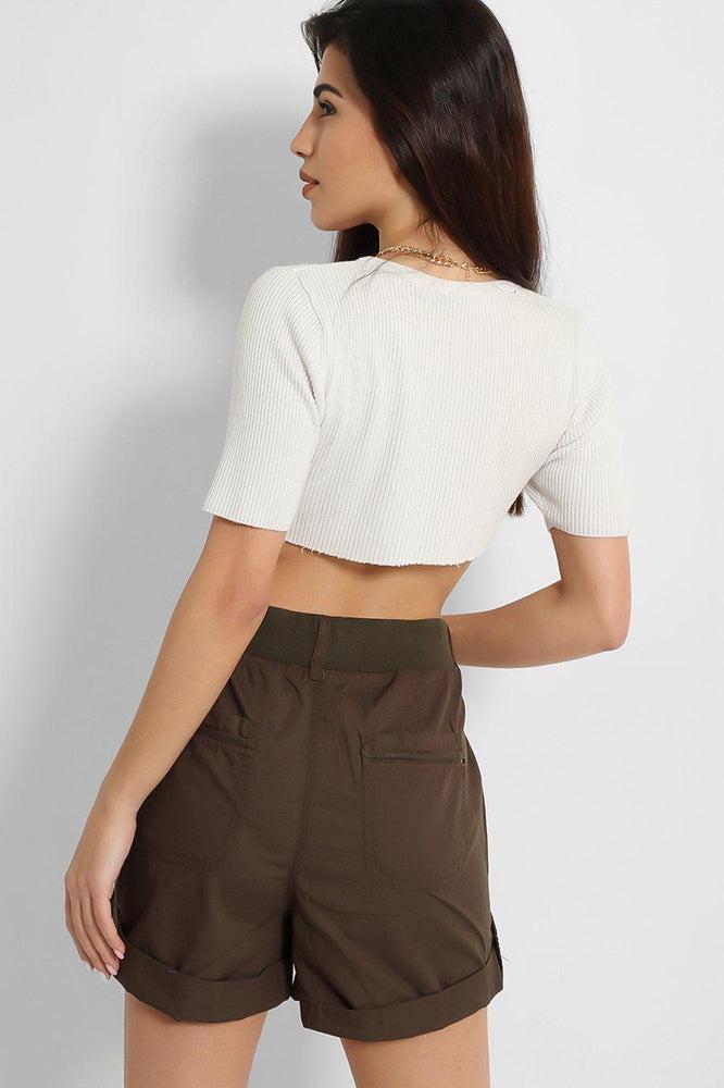 Khaki Drawstring Waist Roll Hem City Hotpants-SinglePrice