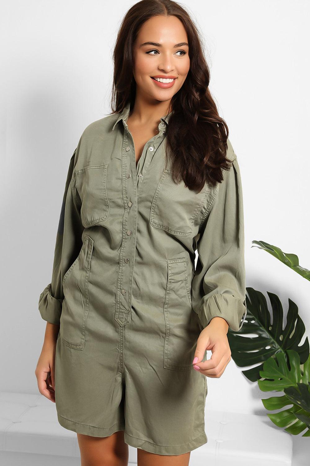 Olive Thin Denim Popper Button Playsuit-SinglePrice