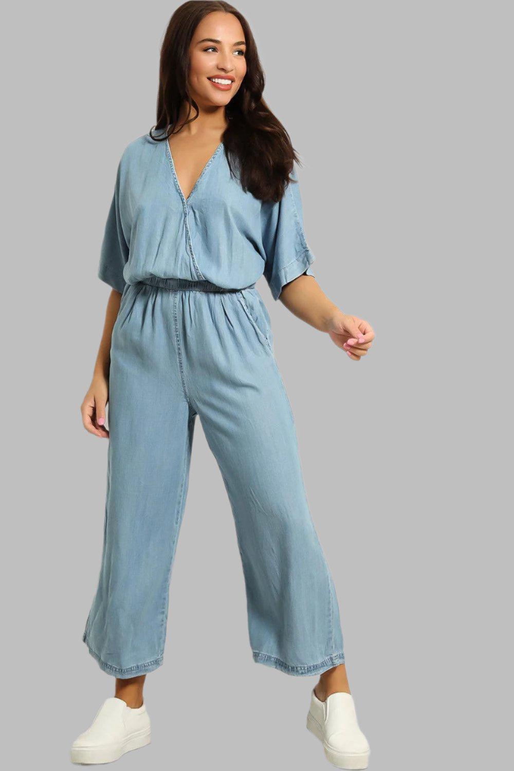 V-Neck Relaxed Fit Denim Jumpsuit-SinglePrice