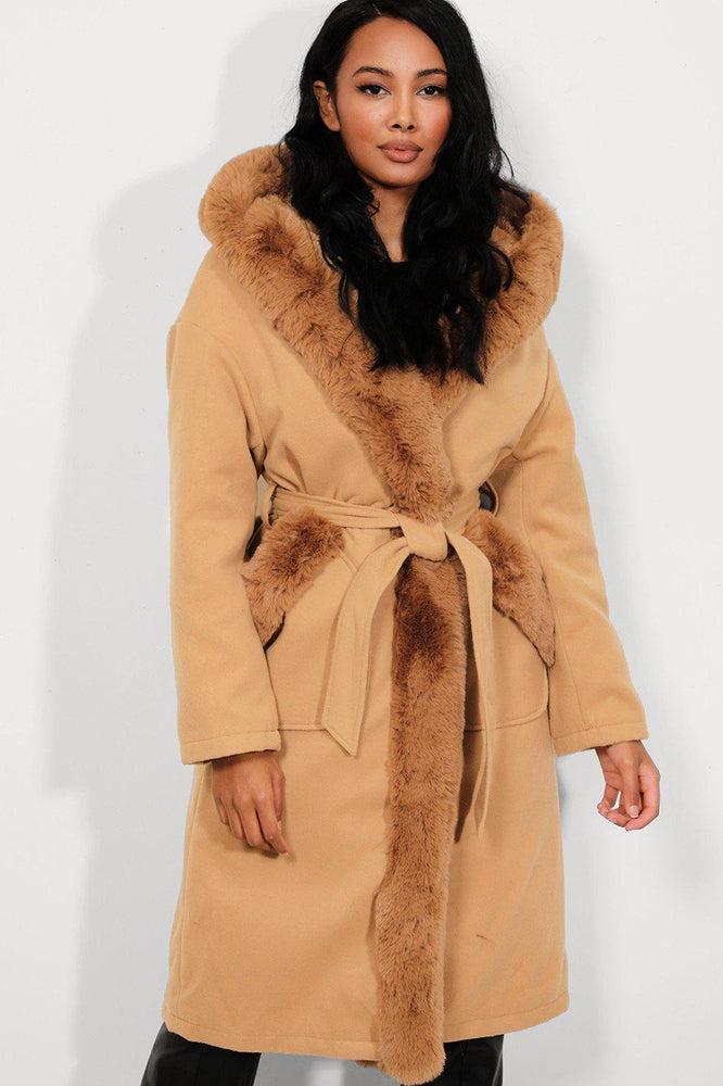 Camel Faux Fur Trims Vegan Suede Midi Coat-SinglePrice