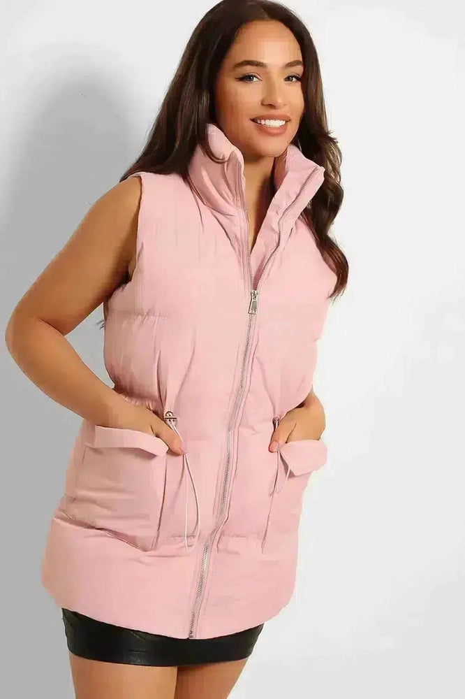 Pink Drawstring Waist Puffer Gilet-SinglePrice