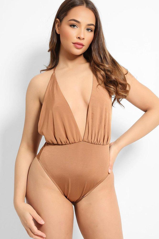 Brown Satin Deep Plunge Halterneck Bodysuit-SinglePrice