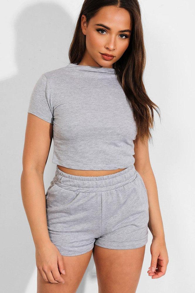 Grey High Neck Crop Top And Hot Pants 2 Piece Set-SinglePrice