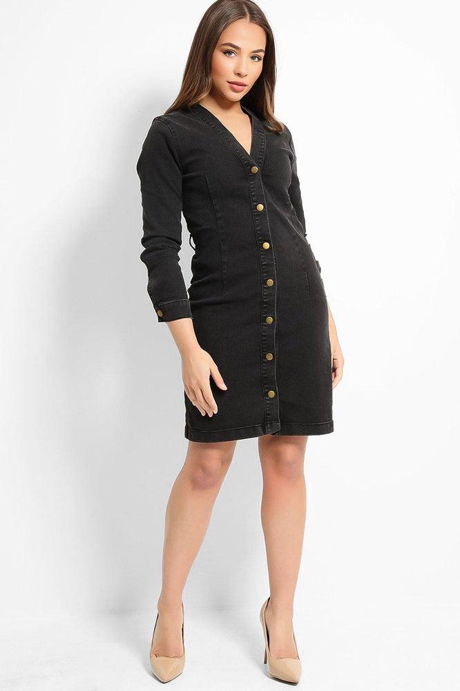 Black Buttons Front Denim Mini Shirt Dress