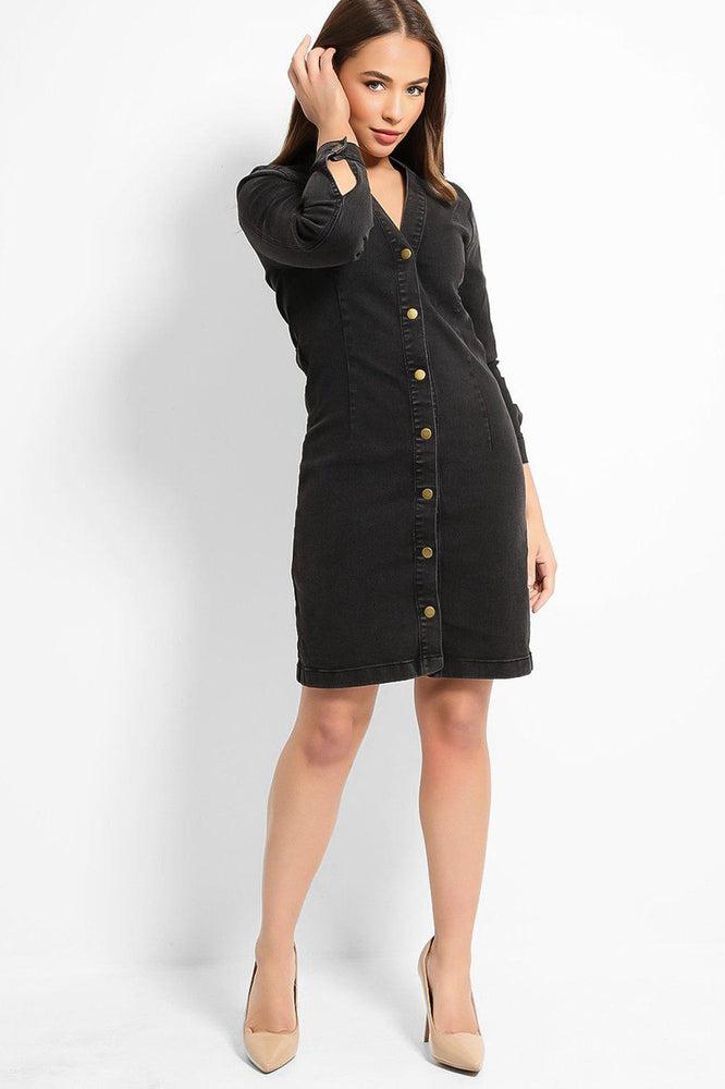 Black Buttons Front Denim Mini Shirt Dress-SinglePrice