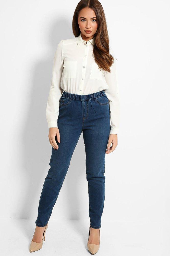 Blue Elastic Waistband Skinny Jeans-SinglePrice